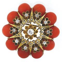 Early Victorian Red Coral Old European and Rose Cut Diamonds Starburst Brooch