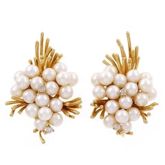 Pearl Diamond Gold Spray Design Clip Post Earrings