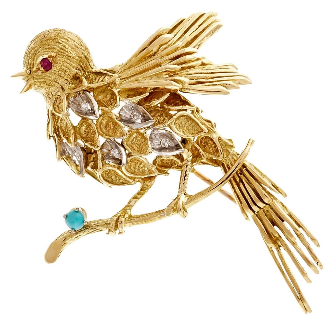  J. Rossi Turquoise Ruby Diamond Gold Robin Pin Brooch