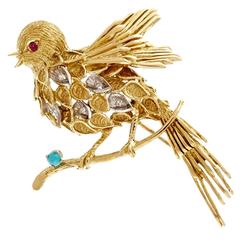 J. Rossi Turquoise Ruby Diamond Gold Robin Pin Brooch