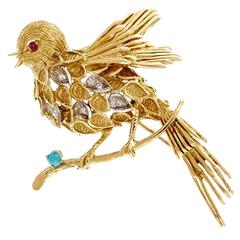 Vintage  J. Rossi Turquoise Ruby Diamond Gold Robin Pin Brooch