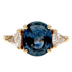 Natural Blue Oval Sapphire Diamond Three-Stone Gold Engagement Ring 7