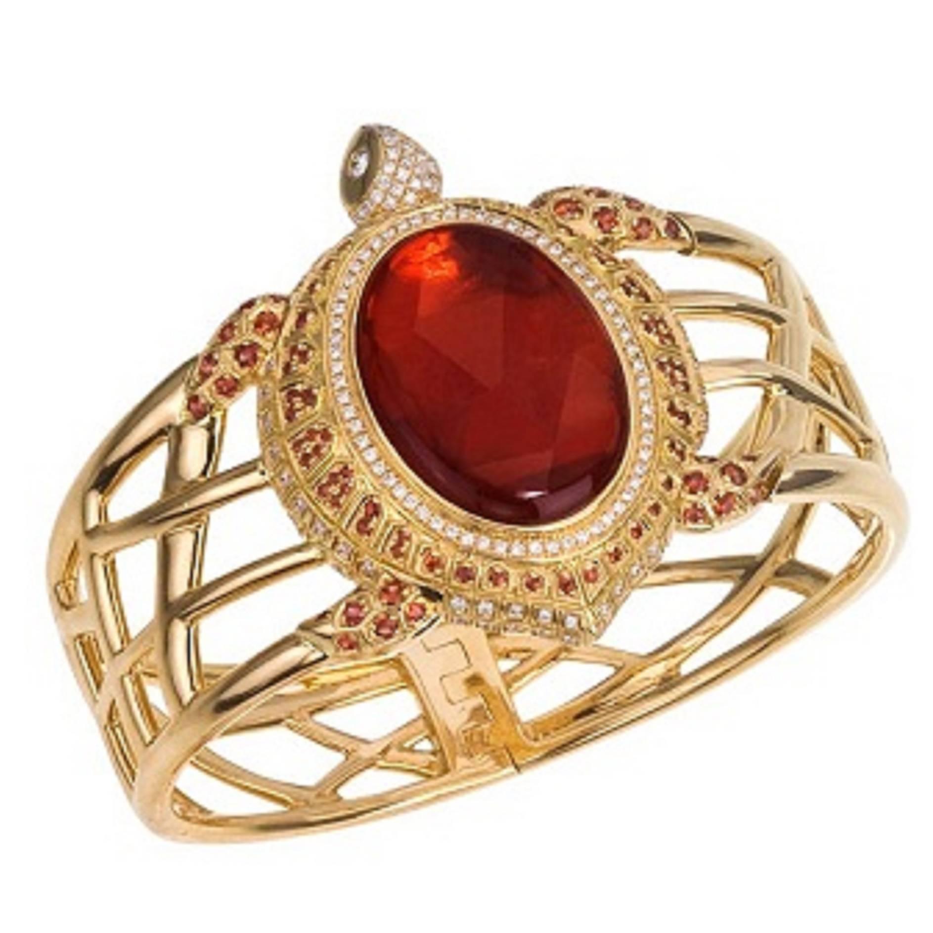 Fire Opal Sapphire Diamond Gold Sea Turtle Cuff Bracelet