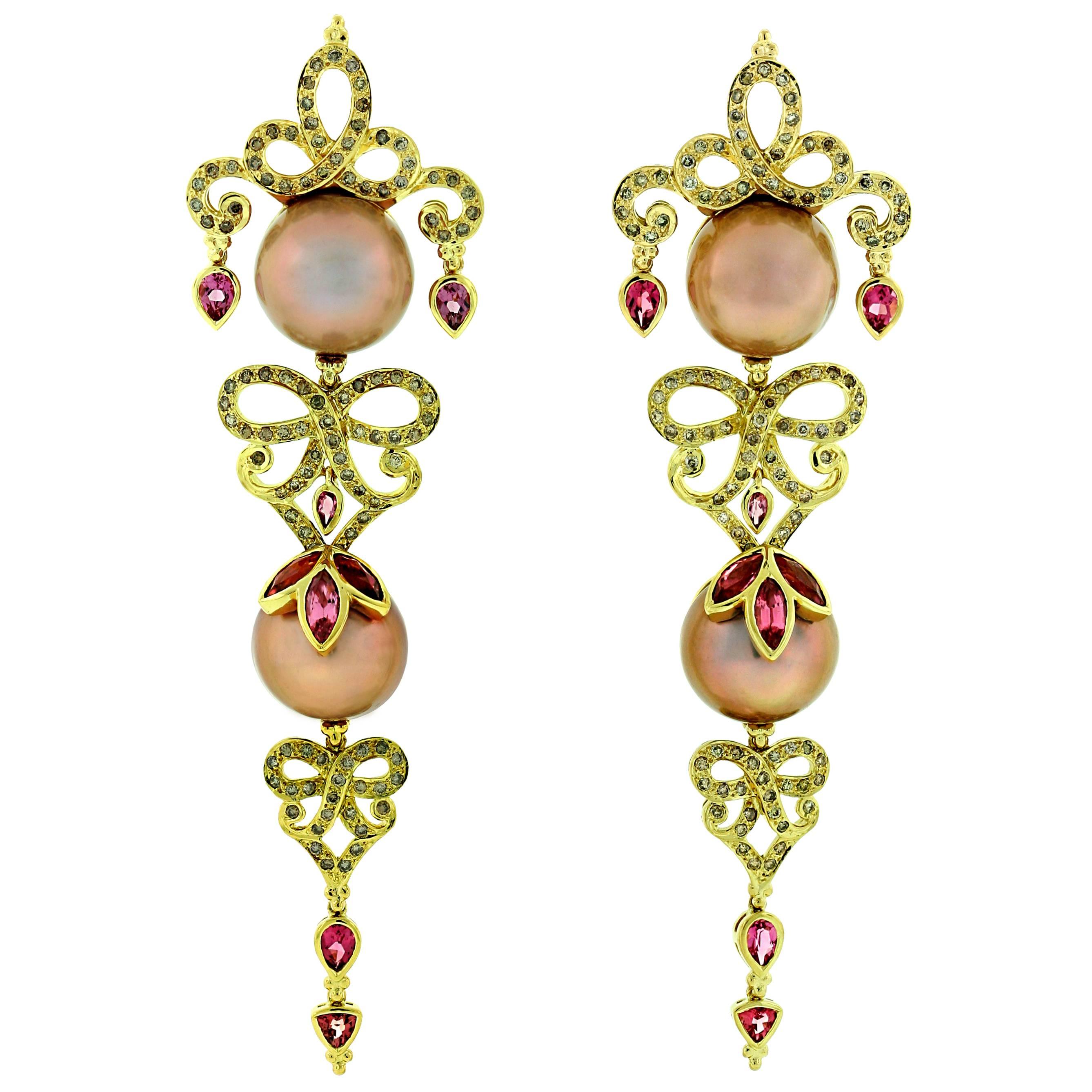 Crevoshay Exquisite Handmade Pearl Tourmaline Diamond Gold Earrings  For Sale