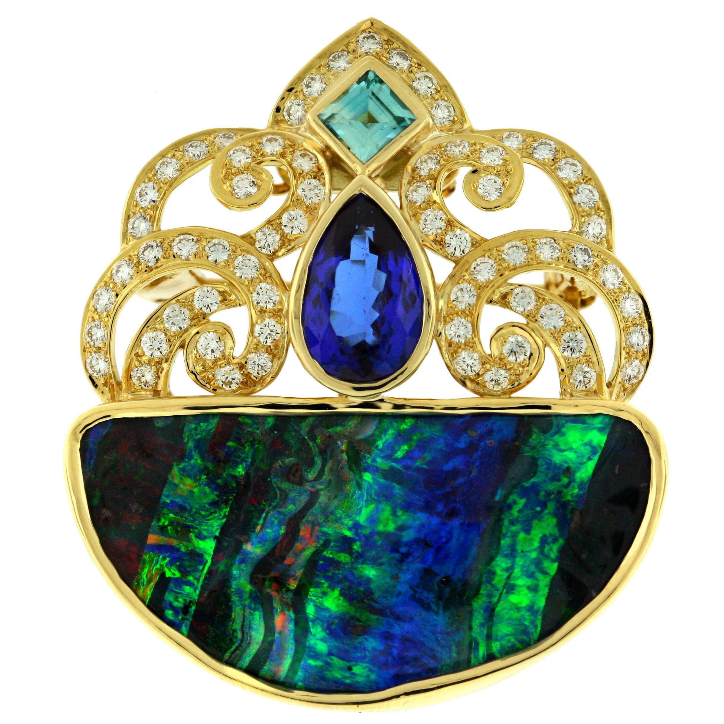 Crevoshay Dramatic Opal Tanzanite Diamond Gold Pendant  For Sale