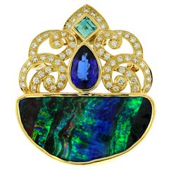 Crevoshay Dramatic Opal Tanzanite Diamond Gold Pendant 