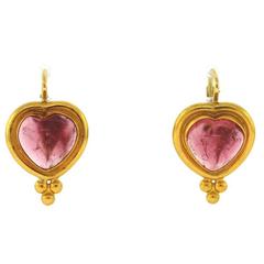 Temple St. Clair Pink Heart Shaped Rubelite Tourmaline Rich Gold Earrings