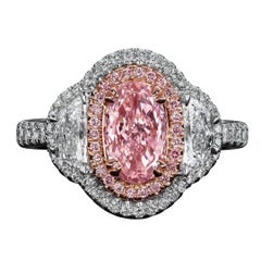 David Rosenberg 1.00 Carat Oval GIA Fancy Pink Platinum Three-Stone Diamond Ring