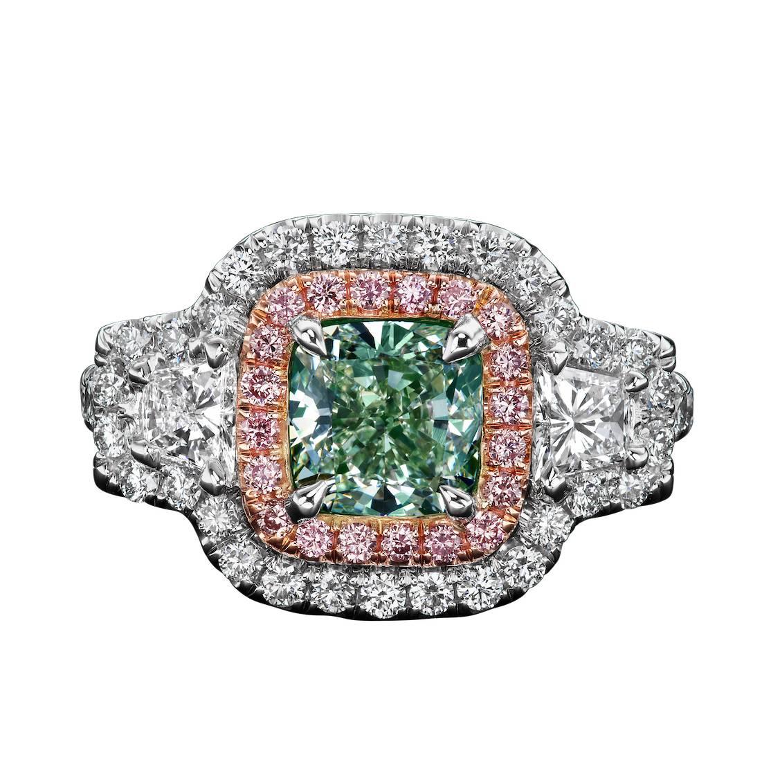 1.59 Carat GIA Certified Mint Green Fancy Color Diamond Two-Color Gold Ring