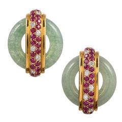 Cartier A. Cipullo Jade Ruby Diamond Gold Ear Clips