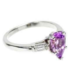 1950s Natural Pear Purple Sapphire Diamond Platinum Three Stone engagement Ring 12