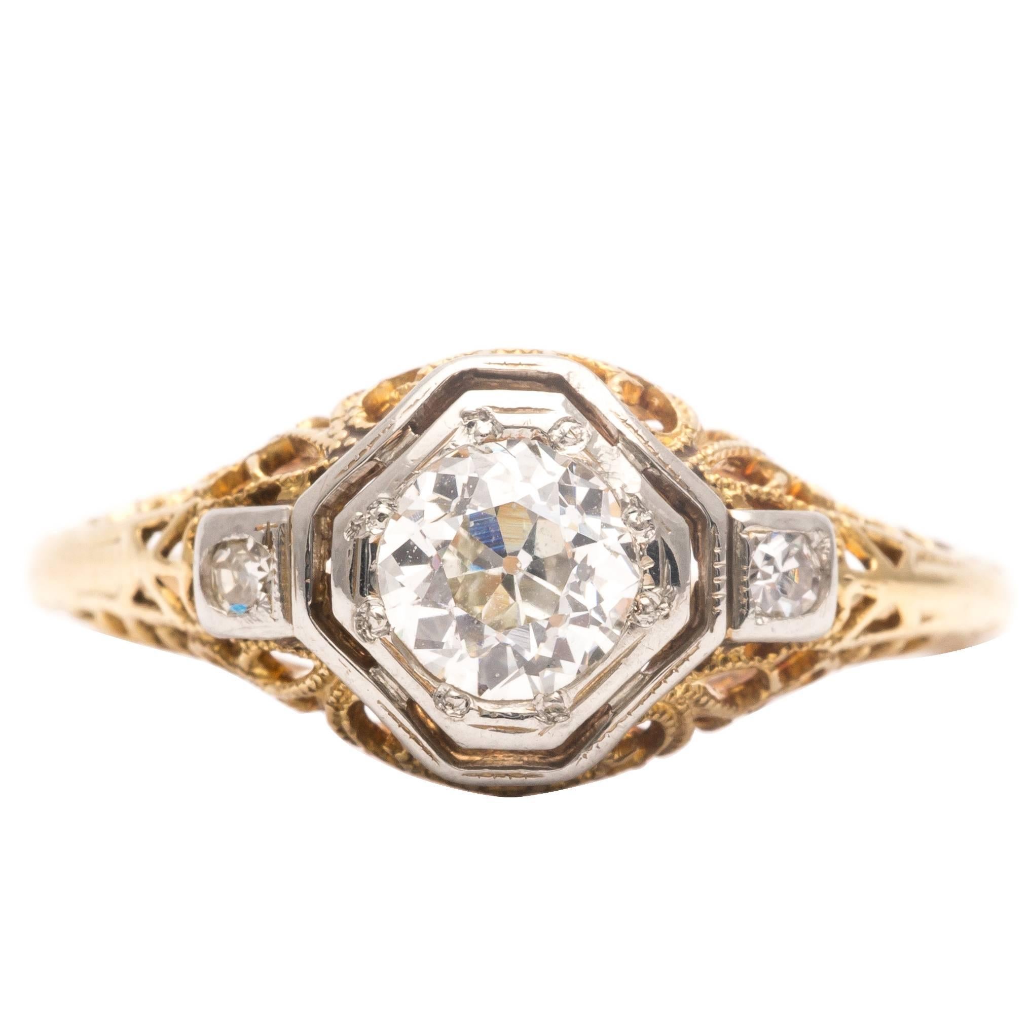Edwardian 0.52 Carat Diamond Gold Platinum Filigree Engagement Ring