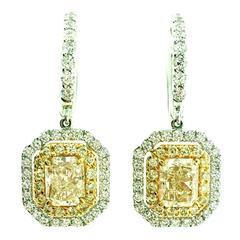 Radiant Cut Yellow Diamond Gold Drop Earrings with Double Halo 