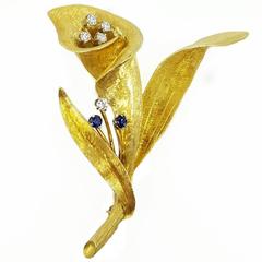 Vintage 1960's Erwin Pearl Sapphire Diamond Gold Calla Lily Brooch