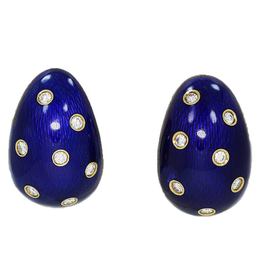 Cartier Blue Enamel Diamond Gold Earrings For Sale