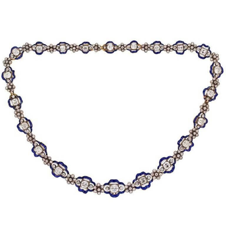 Regency Diamond Blue Enamel Cluster Necklace For Sale