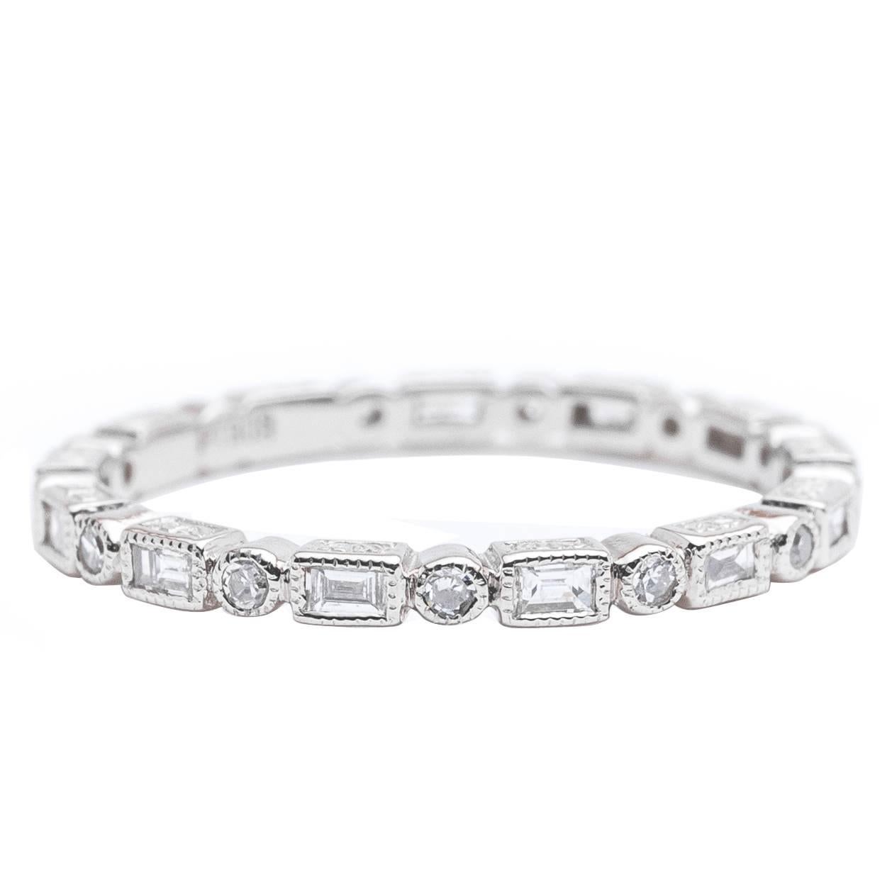 Baguette and Round Diamond Platinum Eternity Band Ring For Sale