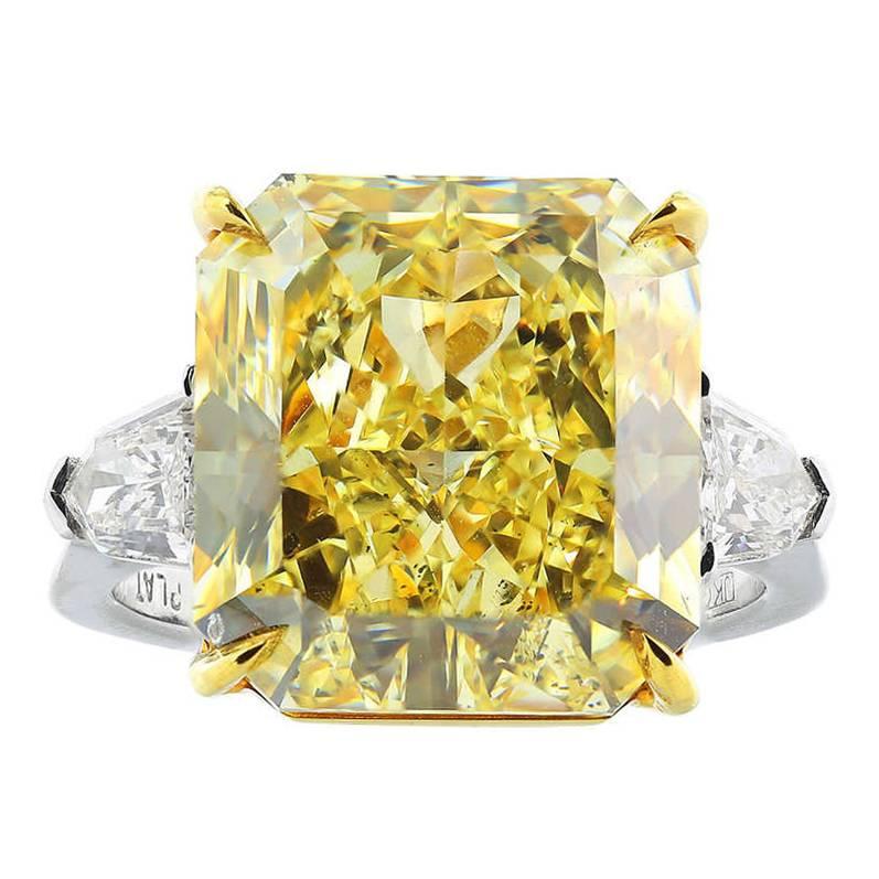 12.03 Carat Fancy Yellow Canary Diamond Gold Platinum Ring