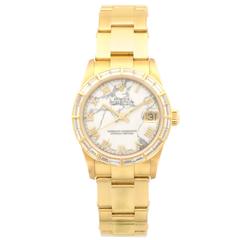 Rolex Ladies Yellow Gold Baguette Diamond Marble Oyster Bracelet Wristwatch