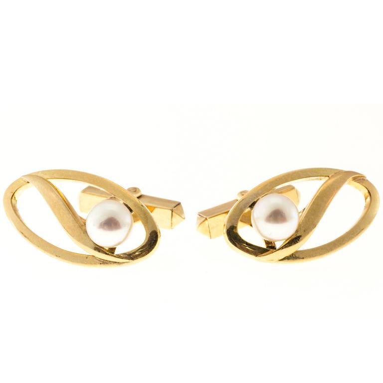 Boutons De Manchette Vintage En Argent Et Perle De Culture - Occasion En Bon état