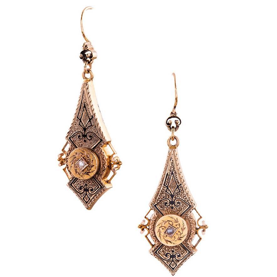 Victorian Enamel Pearl Gold Drop Earrings 