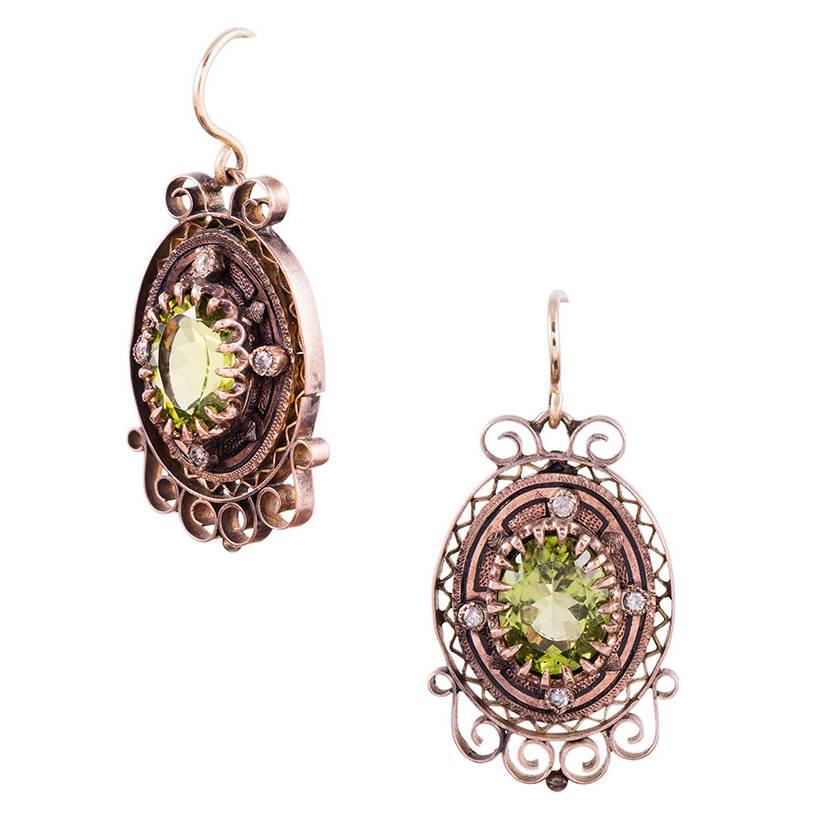 Victorian Enamel Peridot Diamond Gold Drop Earrings