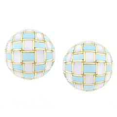 Retro 1980s Tiffany & Co.Turquoise Mother of Pearl Gold Checkerboard Earrings