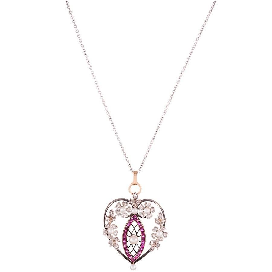 Heart-Shaped Edwardian Pearl Ruby Diamond Pendant