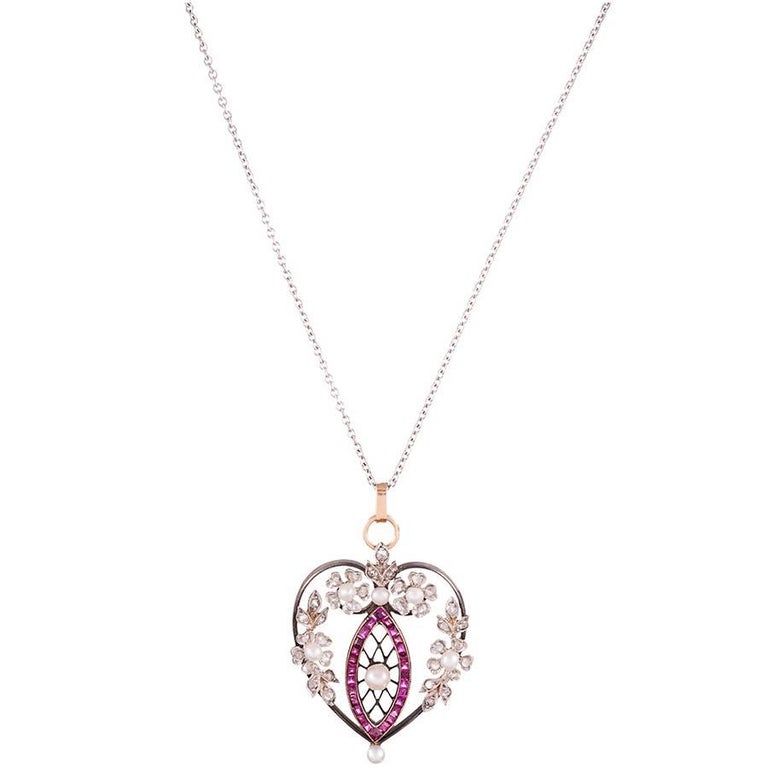 Heart-Shaped Edwardian Pearl Ruby Diamond Pendant For Sale