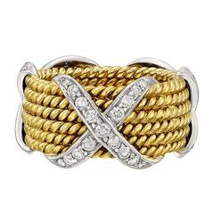 Tiffany & Co. Schlumberger Diamond "X" Gold Rope Wide Band Ring