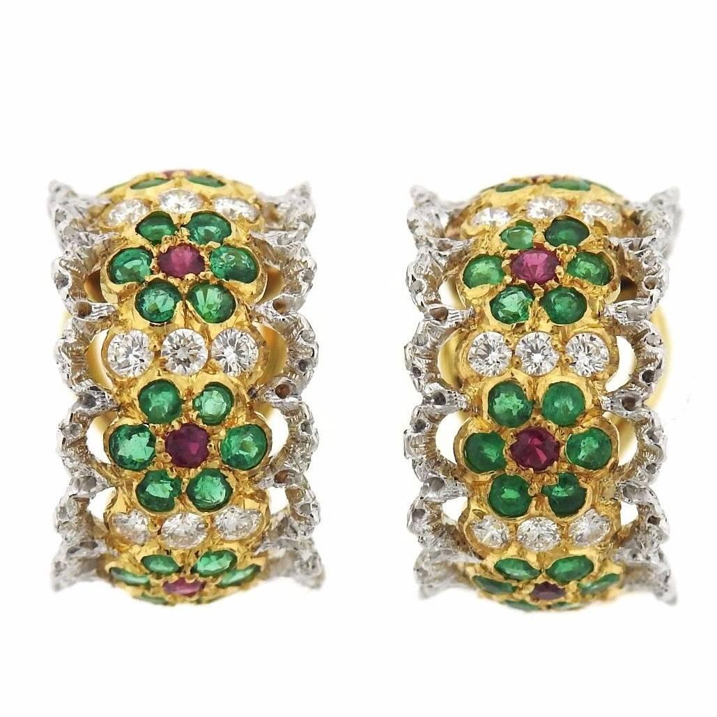 Buccellati Emerald Ruby Diamond Gold Hoop Earrings