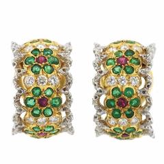 Buccellati Gold-Ohrringe mit Smaragd, Rubin und Diamant