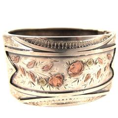 Antique Victorian Sterling Silver Two Color Gold Cuff Bracelet