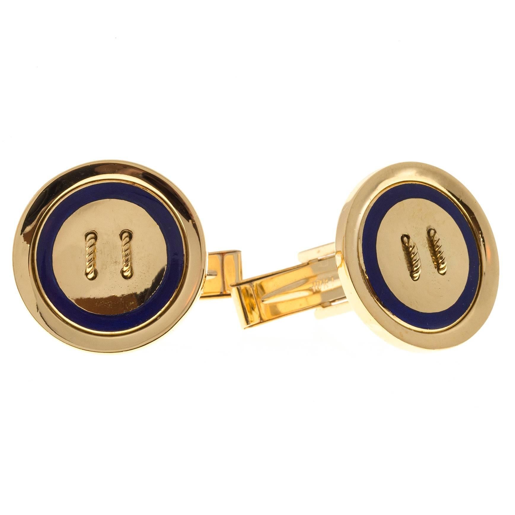 Blue Enamel Button Style Gold Cufflinks For Sale