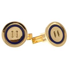 Retro Blue Enamel Button Style Gold Cufflinks