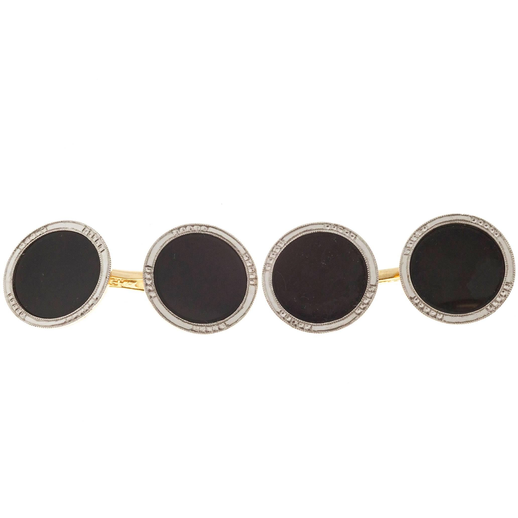 Art Deco Onyx Concave Double Sided Gold Platinum Cufflinks For Sale