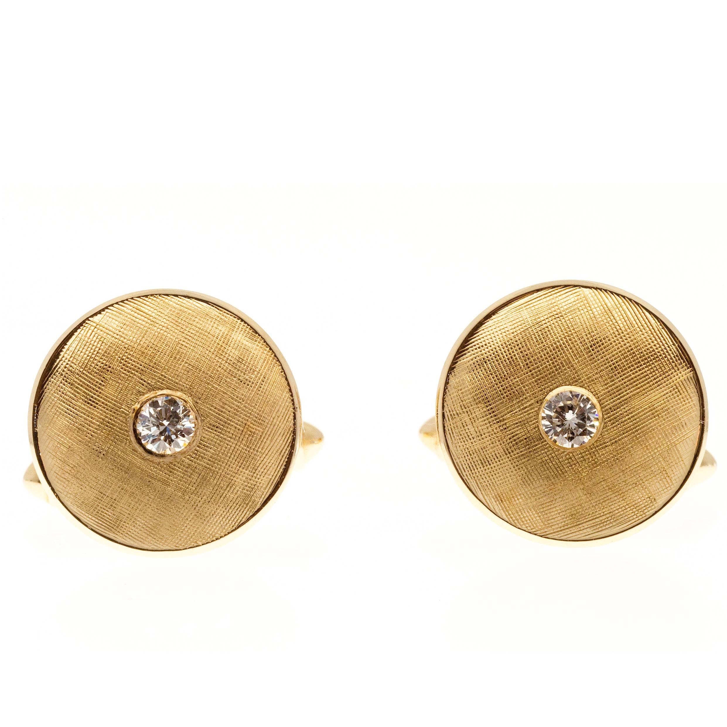 Larter & Sons Diamond Round Concave Gold Cufflinks For Sale