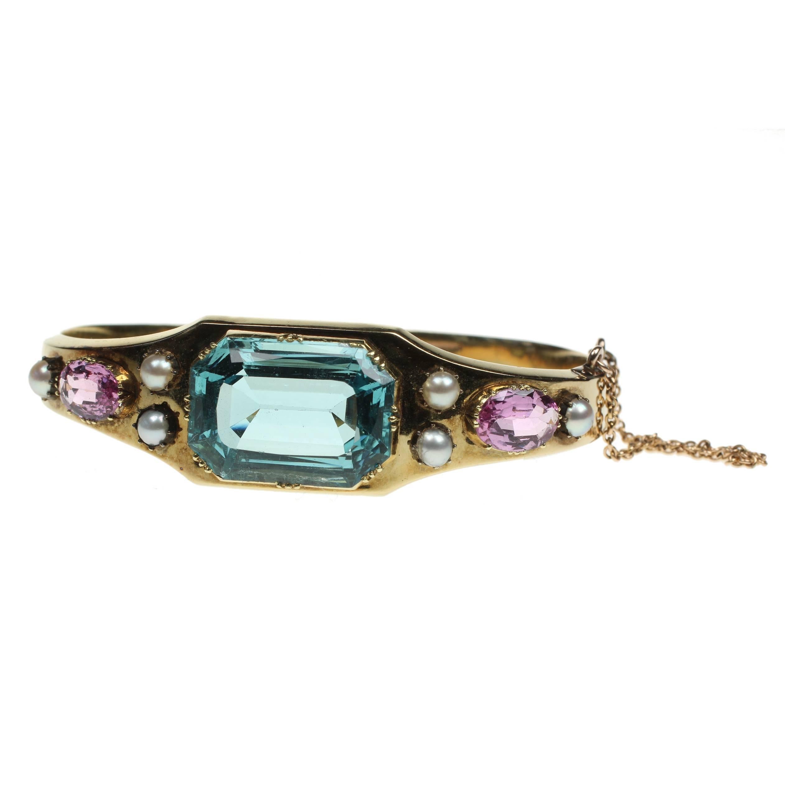 Pink Topaz Aquamarine Gold Bangle Bracelet For Sale