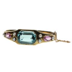 Pink Topaz Aquamarine Gold Bangle Bracelet