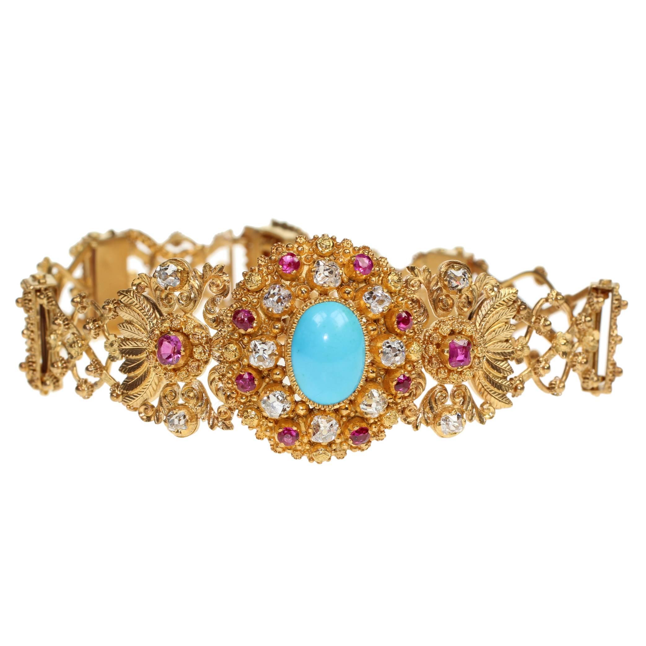 Victorian Turquoise Ruby Diamond Gold Bracelet For Sale