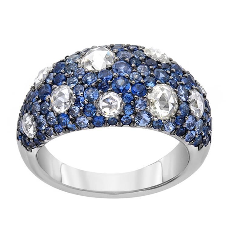 Rose Cut Diamond Blue Sapphire Dome Gold Ring For Sale