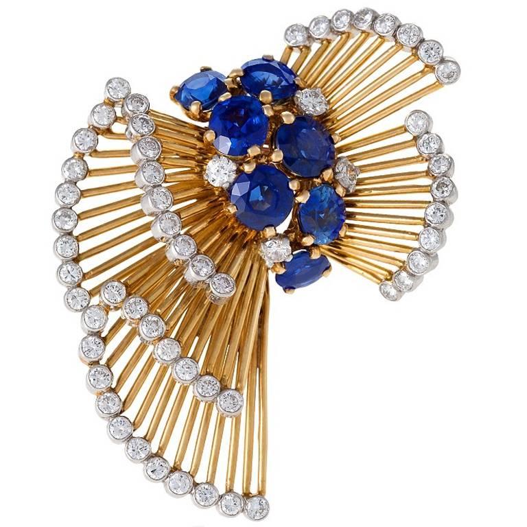 Cartier Paris Mid-20th Century Sapphire Diamond Gold Platimum Bow Brooch