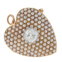 Antique Diamond Seed Pearl Gold Heart Pendant Brooch 10