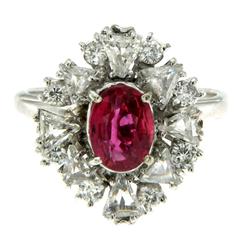 1.55 Carat AGL Cert Ruby Diamond Gold Cluster Ring