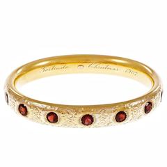 Garnet Engraved Gold Bangle Bracelet