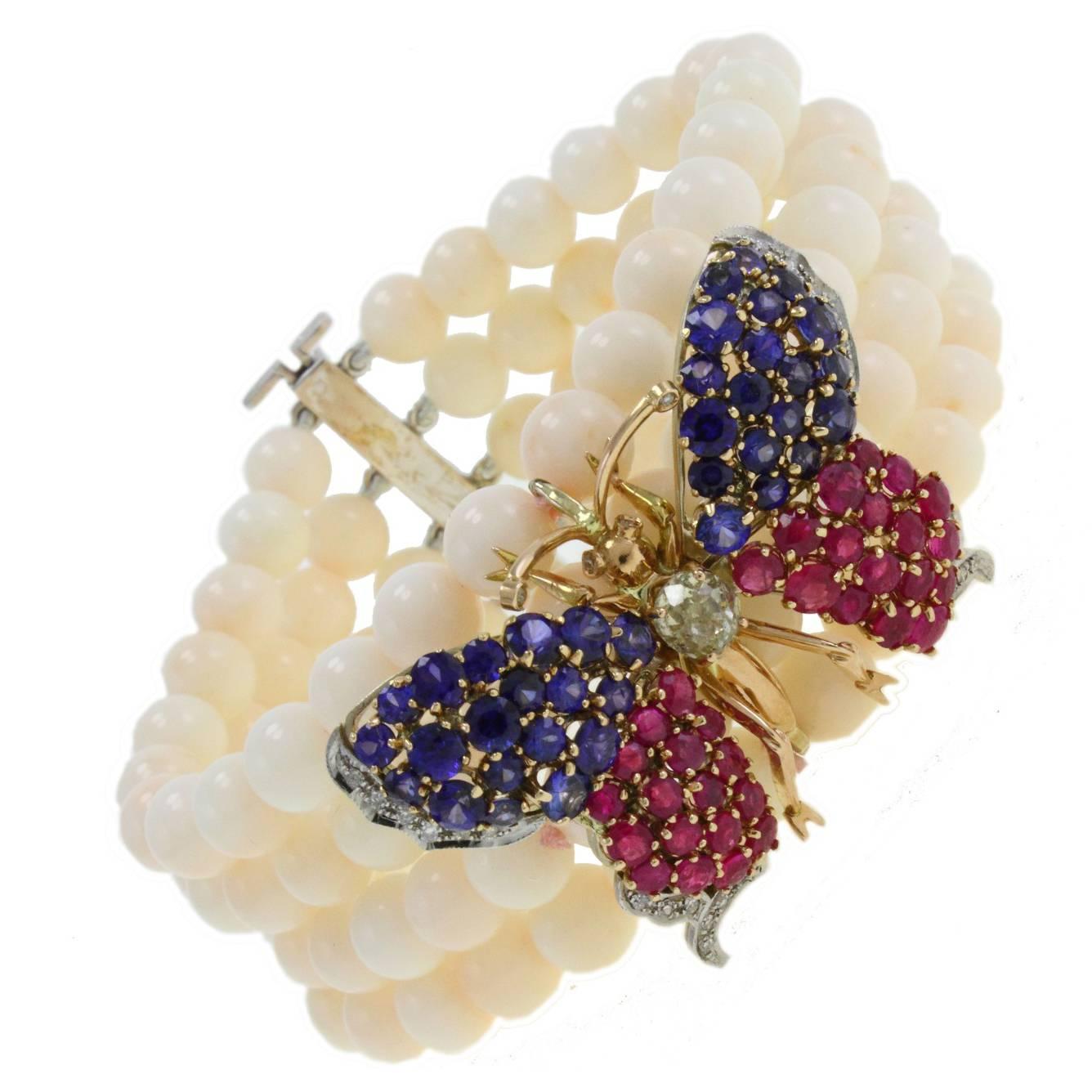 Coral Ruby Sapphire Diamond Gold Butterfly Gold Bracelet
