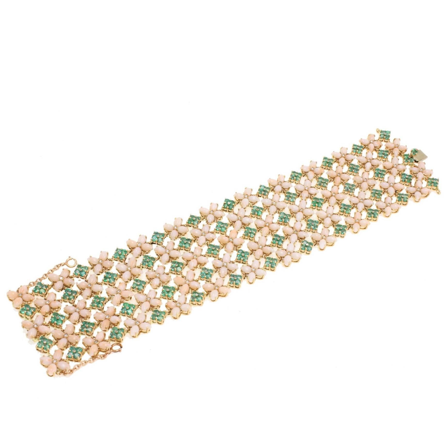  Pink Coral Emerald Diamond Gold Bracelet