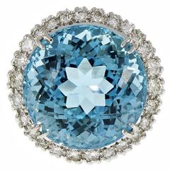 Santa Maria Round Aquamarine Diamond Halo Gold Ring 7