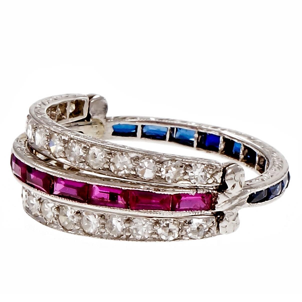 Diamond Ruby Sapphire Platinum Wedding Band Ring For Sale