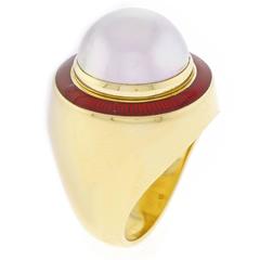 1980s Leo De Vroomen Mabé Pearl Enamel Gold Ring 1